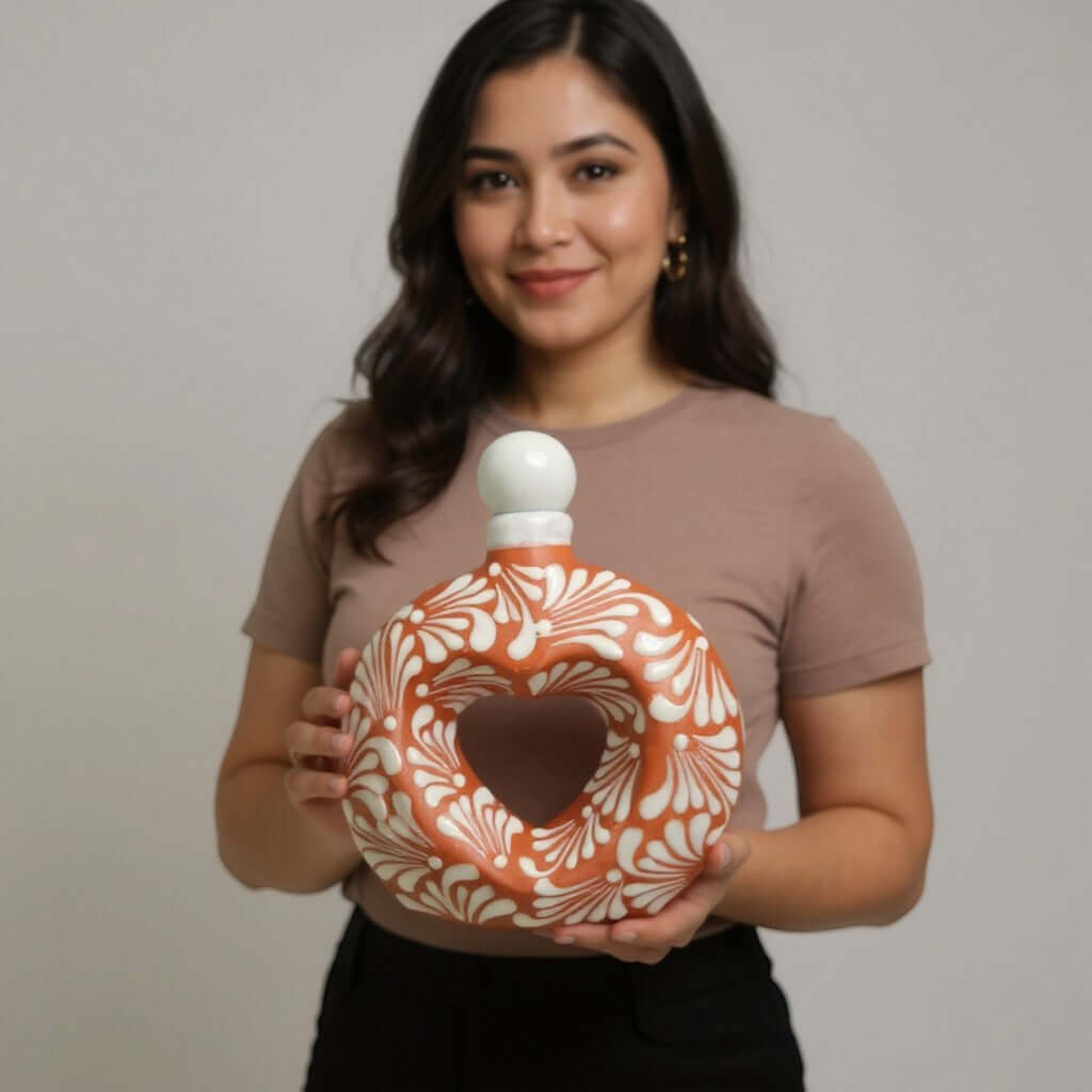 Talavera Brown & White Heart Decanter | Hand-Painted Ceramic Art