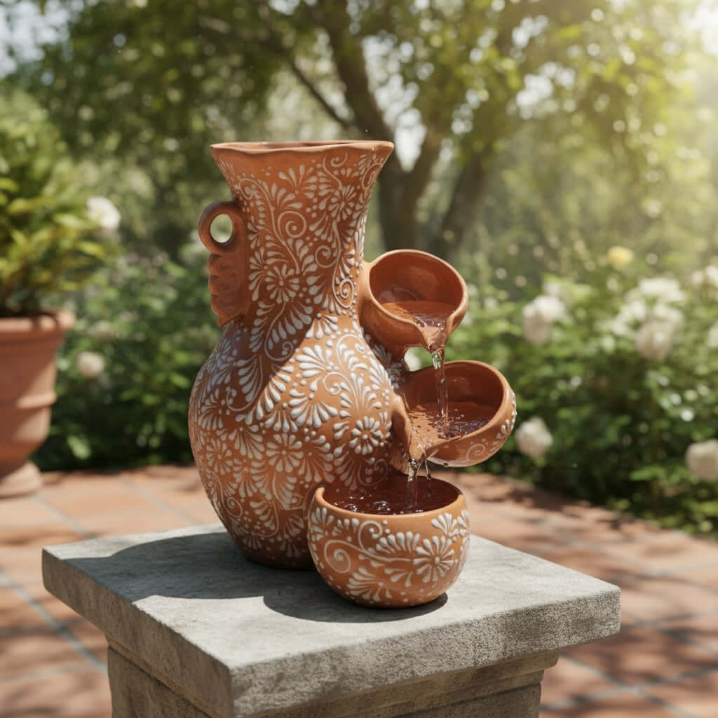 Talavera Ceramic Fountain | Brown & White Relief Design