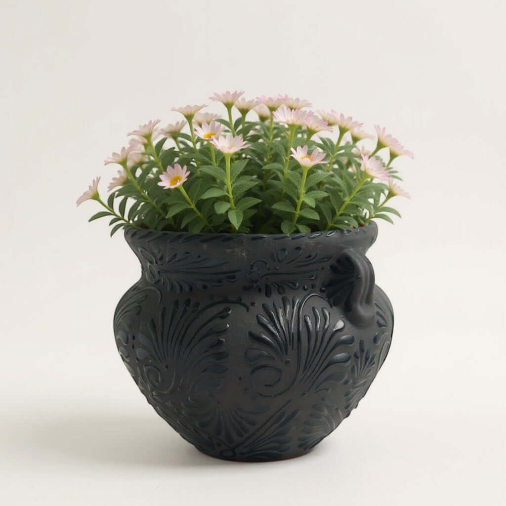 Talavera Floral Pot | Handmade Black Design