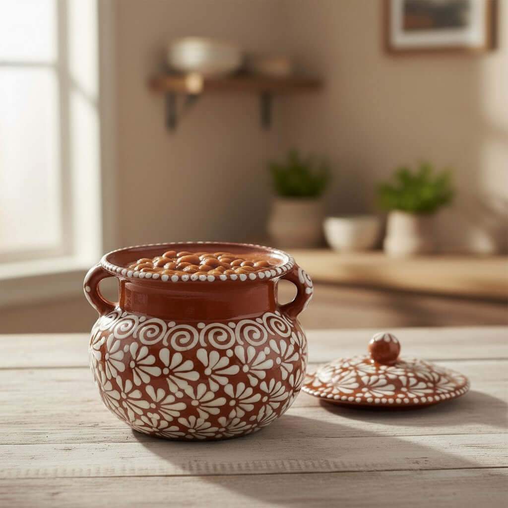 Talavera Frijolero Bean Pot with Lid | Fully Glazed Floral Design