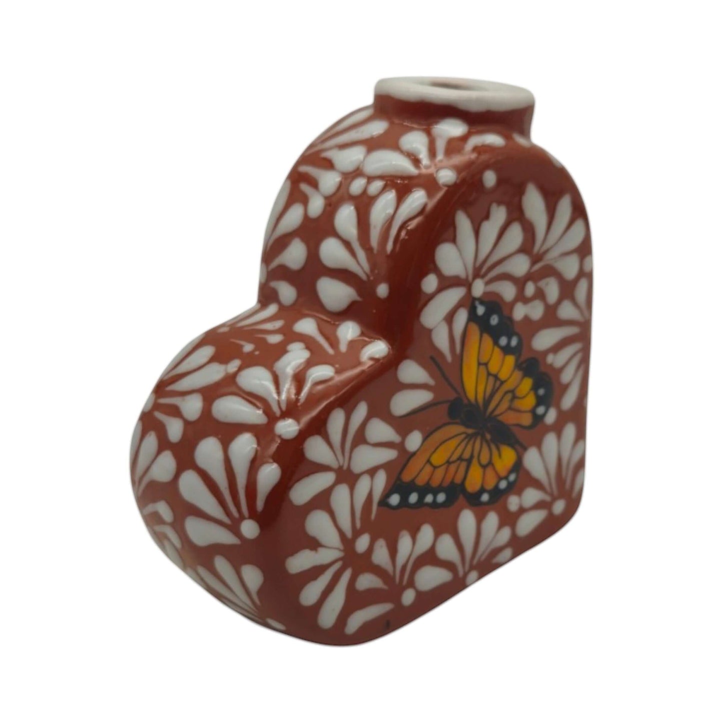 Talavera Heart Vase | Brown & White Butterfly Design