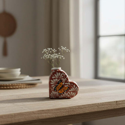 Talavera Heart Vase | Brown & White Butterfly Design