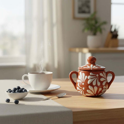 Talavera Sugar Jar | Brown & White Floral Relief