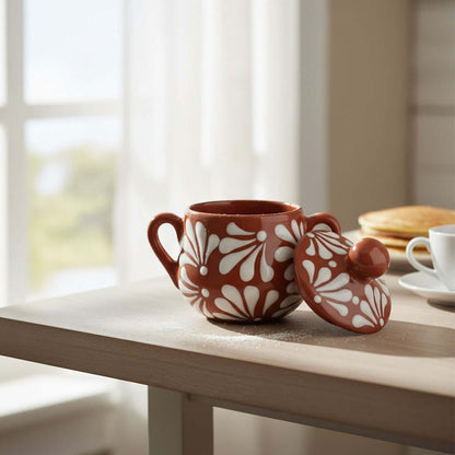 Talavera Sugar Jar | Brown & White Floral Relief