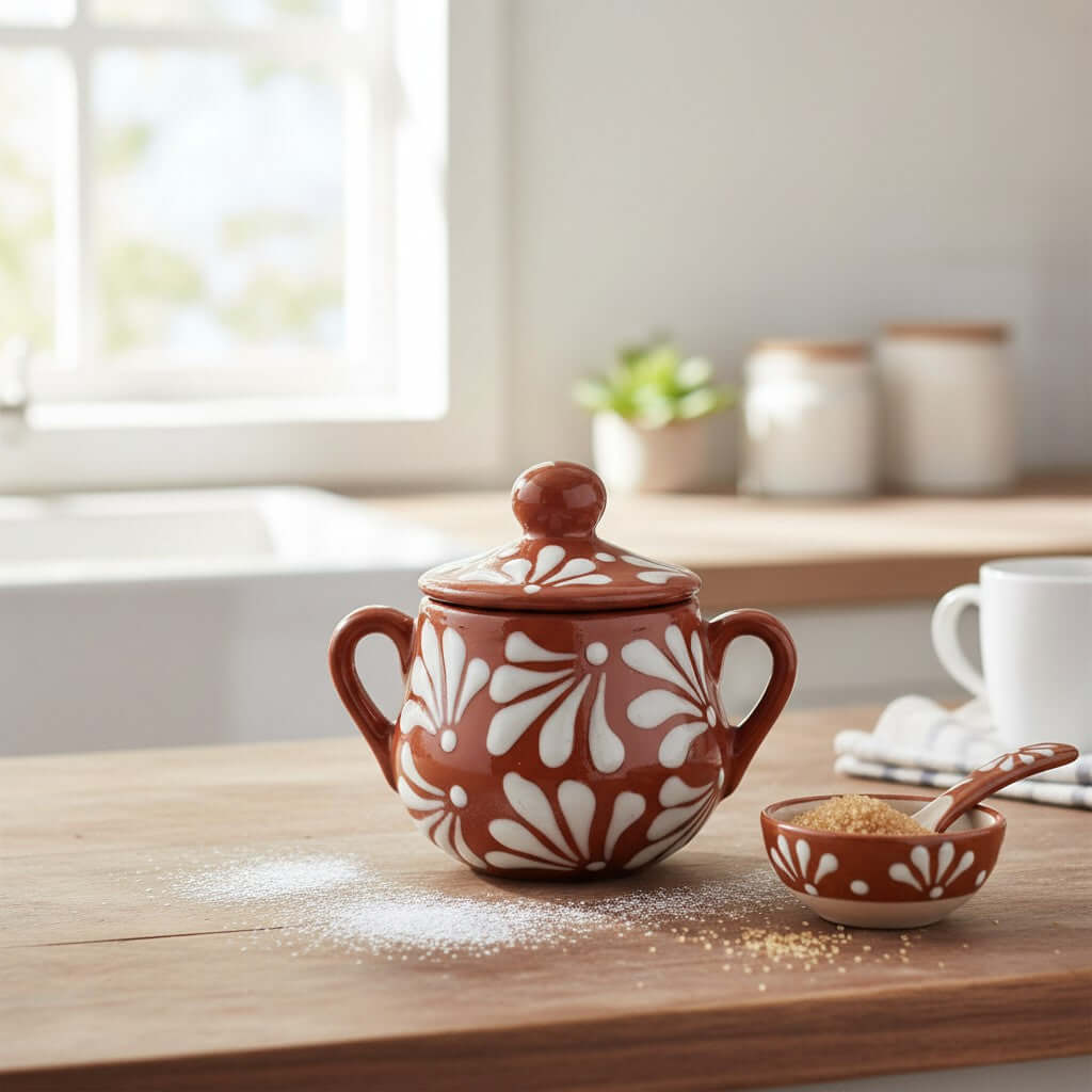 Talavera Sugar Jar | Brown & White Floral Relief