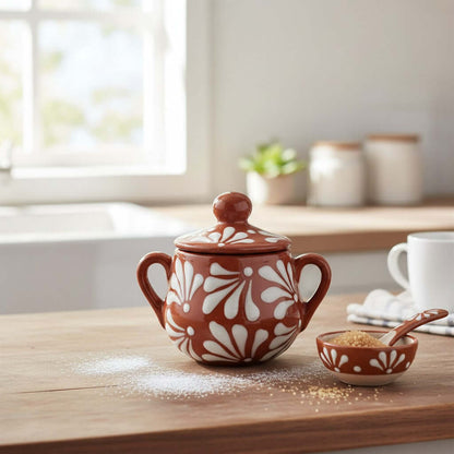 Talavera Sugar Jar | Brown & White Floral Relief