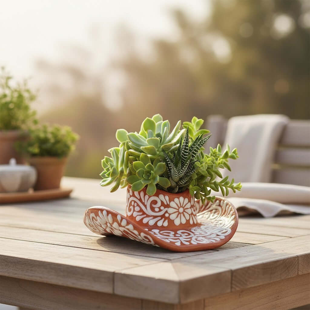 Talavera Sombrero Planter | Brown & White Floral Design