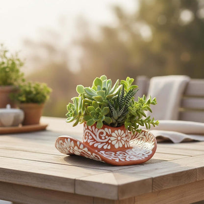 Talavera Sombrero Planter | Brown & White Floral Design