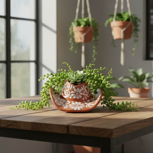 Talavera Sombrero Planter | Brown & White Floral Design
