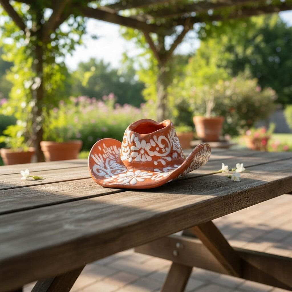 Talavera Sombrero Planter | Brown & White Floral Design